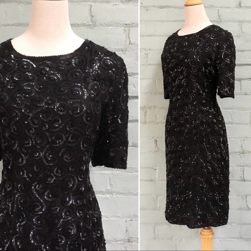 Black Sequin Silk Cocktail Dress